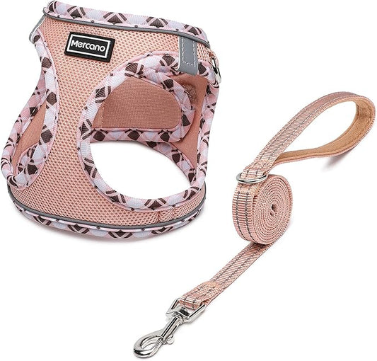 Mercano Soft Mesh Dog Harness and Leash Set, No-Chock Step-in Reflective Breathable Lightweight Easy Walk Escape Proof Vest Harnesses with Safety Buckle for Small Medium Dogs, Cats (Champagne, XL) PAWPICO