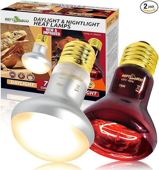 REPTIZOO 75W Reptile Heat Lamp Bulb, 2PCS Day & Night Basking Spot Light Combo Pack Includes Infrared Heat Lamp and UVA Daylight Heating Lamp Basking Light REPTIZOO
