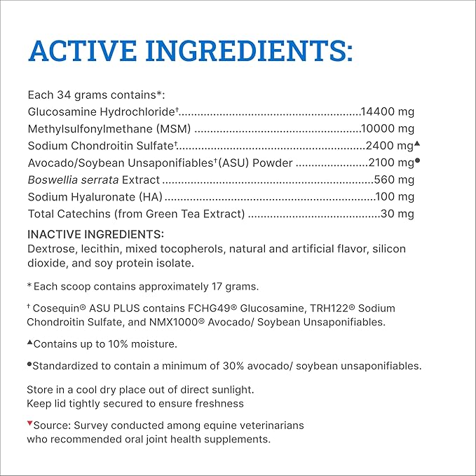 Nutramax Cosequin ASU Joint Health Supplement for Horses - Powder with Glucosamine, Chondroitin, MSM, ASU, Green Tea Extract, and Hyaluronic Acid, 1050 Grams NutramaxLaboratories