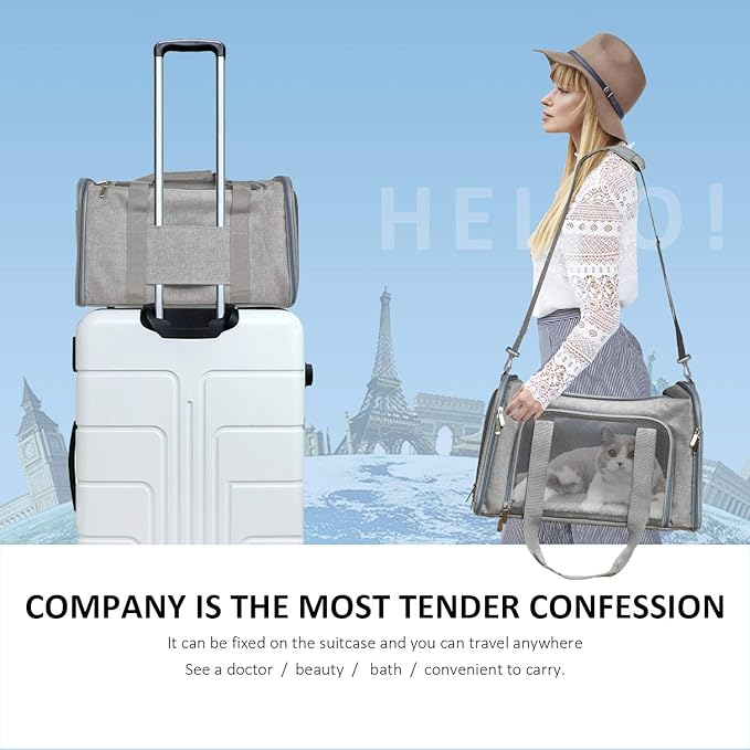 Henkelion Cat, Dog Carrier for Small Medium Cats Puppies up to 15 Lbs, TSA Airline Approved Carrier Soft Sided, Collapsible Travel Puppy Carrier - Grey - PAWPICO