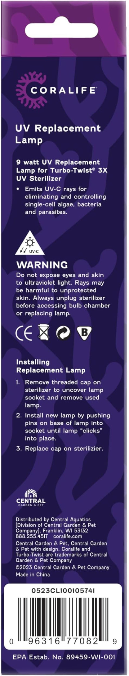 Coralife Aquarium Fish Tank Marine Salt Water Turbo-Twist UV Sterilizer 9 Watt Replacement Bulb, For 3X up to 125 Gallons Coralife
