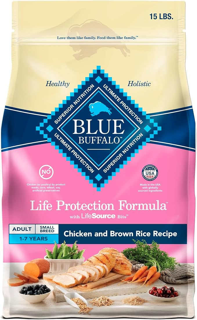 Blue Buffalo Life Protection Formula Adult Small Breed Dry Dog Food, Supports High Energy Needs, Made with Natural Ingredients, Chicken & Brown Rice Recipe, 15-lb Bag - PAWPICO
