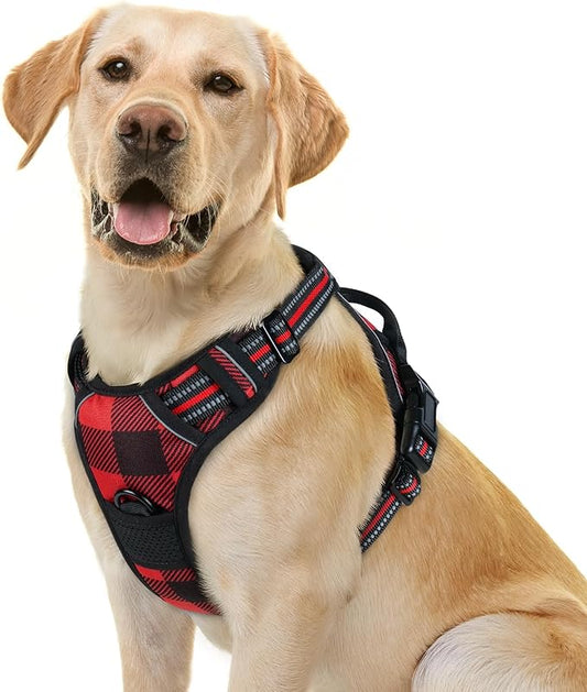 rabbitgoo Dog Harness No Pull with 2 Leash Clips, Adjustable Soft Padded, Reflective Oxford No Choke Pet Vest with Easy Control Handle for Large Dogs, Red Plaid, L rabbitgoo