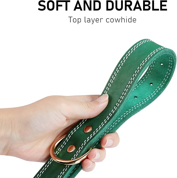 Leather Dog Collar, Heavy Duty, Wide, Genuine, for Medium & Large Dogs, Dual Stitch - Green DAIHAQIKO