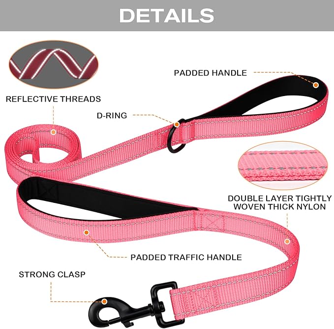 Joytale Dog Leash Heavy Duty for Large Dogs That Pull, Double Handle for Traffic Control, Double-Sided Reflective Leashes for Large Medium Dogs Night Safety, 5FT, Pink Joytale