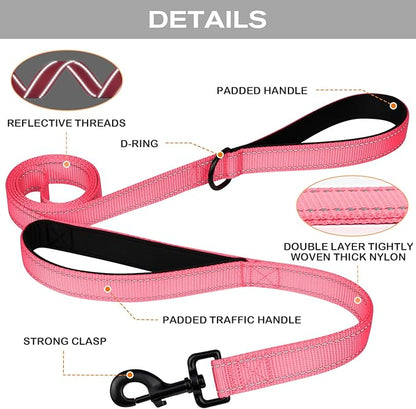 Joytale Dog Leash Heavy Duty for Large Dogs That Pull, Double Handle for Traffic Control, Double-Sided Reflective Leashes for Large Medium Dogs Night Safety, 5FT, Pink Joytale