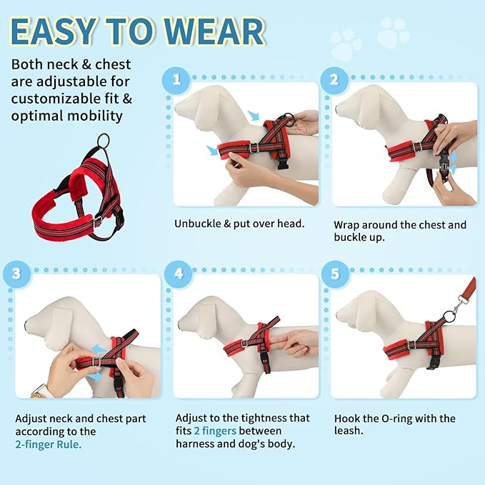 SlowTon No Pull Small Dog Harness and Leash Set, Puppy Soft Vest Harness Neck & Chest Adjustable, Reflective Lightweight Harness & Anti-Twist Pet Lead Combo for Small Medium Dogs (Red, XXS) SlowTon
