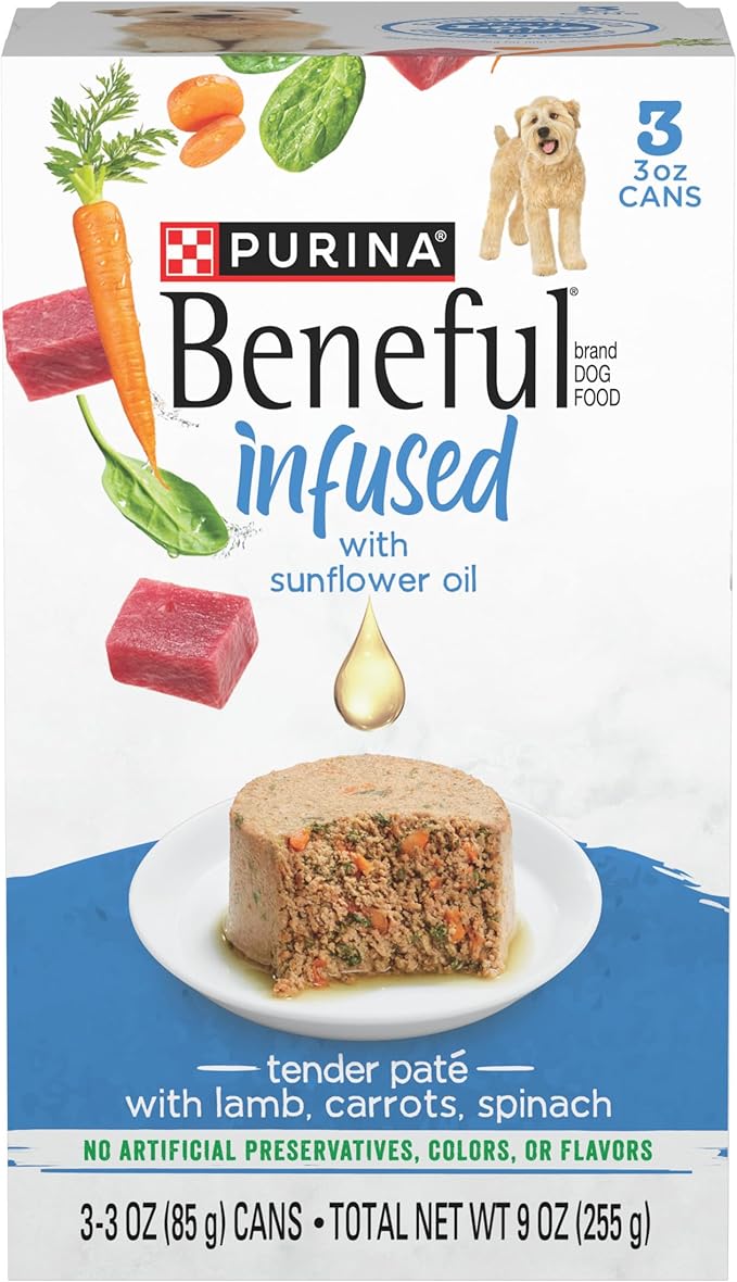 Beneful Purina Infused Wet Dog Food Pate with Real Lamb, Carrots and Spinach, with Sunflower Oil - (8 Packs of 3) 3 oz. Sleeves - PAWPICO