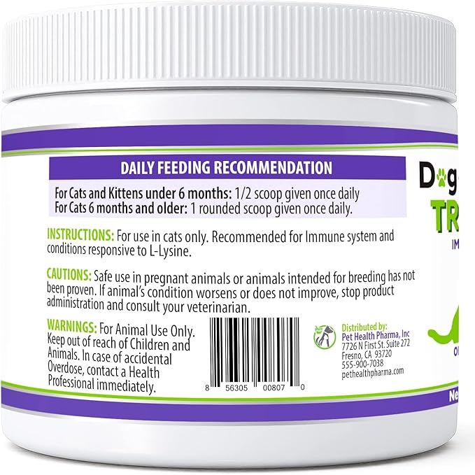 Trulysine Plus L-Lysine for Cats Immune Support Oral Powder 8oz/226g - Cats & Kittens of All Age, Sneezing, Runny Nose Squinting, Watery Eyes-Fish & Poultry Flavor (U.S.A)(225 Grams (900mg / Scoop)) Pet+Health+Pharma
