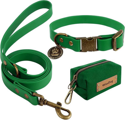 Wisedog Dog Collar and Leash Set Combo: Adjustable Durable Pet Collars with Dog Leashes for Small Medium Large Dogs,includes One Bonus of Poop Bag Holder (M, Deep Green) WisedogPetSupplies