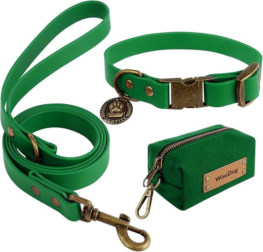 Wisedog Dog Collar and Leash Set Combo: Adjustable Durable Pet Collars with Dog Leashes for Small Medium Large Dogs,includes One Bonus of Poop Bag Holder (M, Deep Green) WisedogPetSupplies