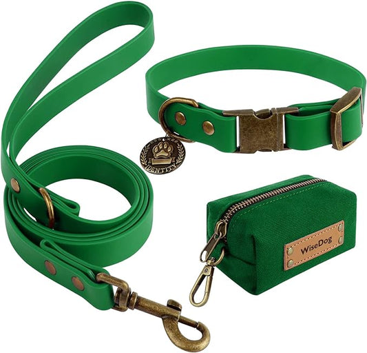 Wisedog Dog Collar and Leash Set Combo: Adjustable Durable Pet Collars with Dog Leashes for Small Medium Large Dogs,includes One Bonus of Poop Bag Holder (S, Deep Green) WisedogPetSupplies