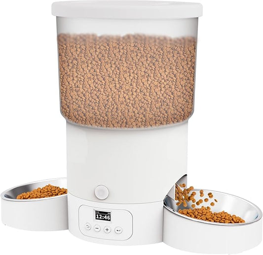 SURDY Automatic Cat Feeder for 2 Cats, 3L Cat Food Dispenser Auto Cat Feeder with 2 Stainless Bowls, 10s Meal Call Dual Power Supply and Timer Setting 12 Portions 6 Meals Per Day for Cats (White, 5L) - PAWPICO