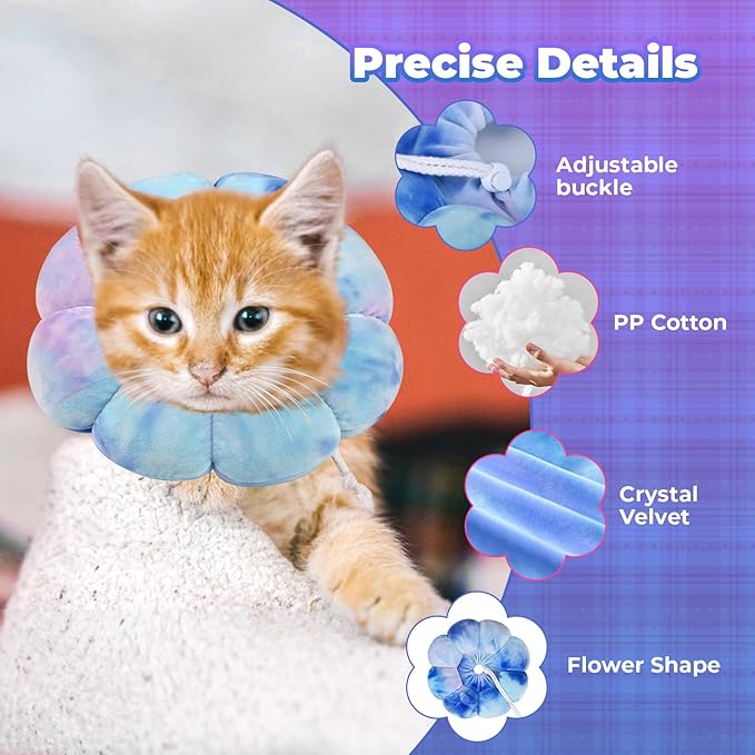 Flower Cat Cone, Uadonile Adjustable Cat Cone Collar, Soft Dog Elizabethan Collar Recovery E Collar After Surgery, Recovery E-Collar for Kittens/Puppies and Cats Recovery(Tie-dye Purple Blue, S) Uadonile