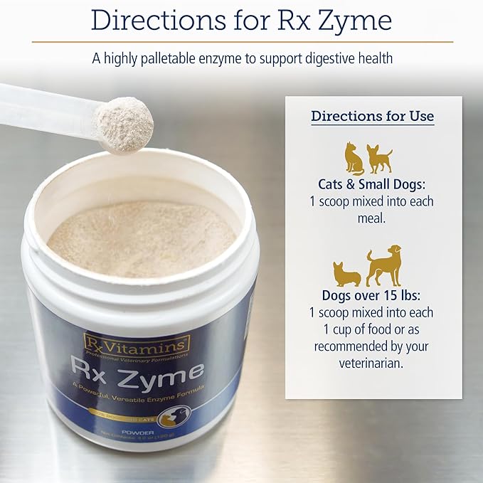 Rx Vitamins Rx Zyme Powder - Digestive Enzymes for Dogs & Cats - Anti Diarrhea for Dogs, Cat Constipation Relief, Anti-Bloating - Cat Digestive Support and Dog Gut Health - 120g RxVitamins
