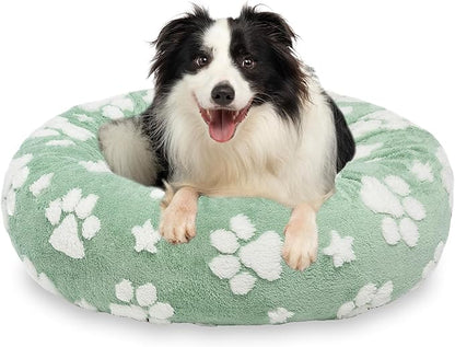 Donut Dog Beds for Medium Dogs, Calming Round Cat Beds for Indoor Cats, Cute 3D Textured Paw Pet Bed with Removable Washable Cover and Anti-Slip Bottom（Green，30"） - PAWPICO