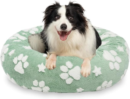 Donut Dog Beds for Medium Dogs, Calming Round Cat Beds for Indoor Cats, Cute 3D Textured Paw Pet Bed with Removable Washable Cover and Anti-Slip Bottom（Green，30"） - PAWPICO