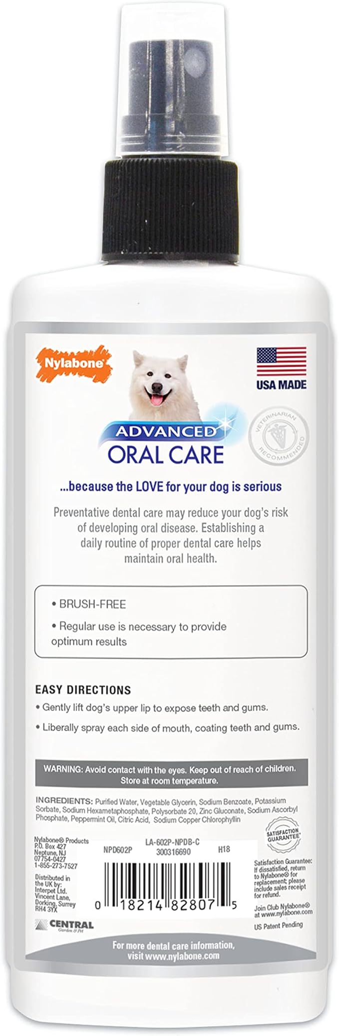Nylabone Advanced Oral Care Dog Dental Spray - Liquid Tartar Remover - Dog Breath Freshener & Teeth-Cleaning Spray (4 oz.) Nylabone