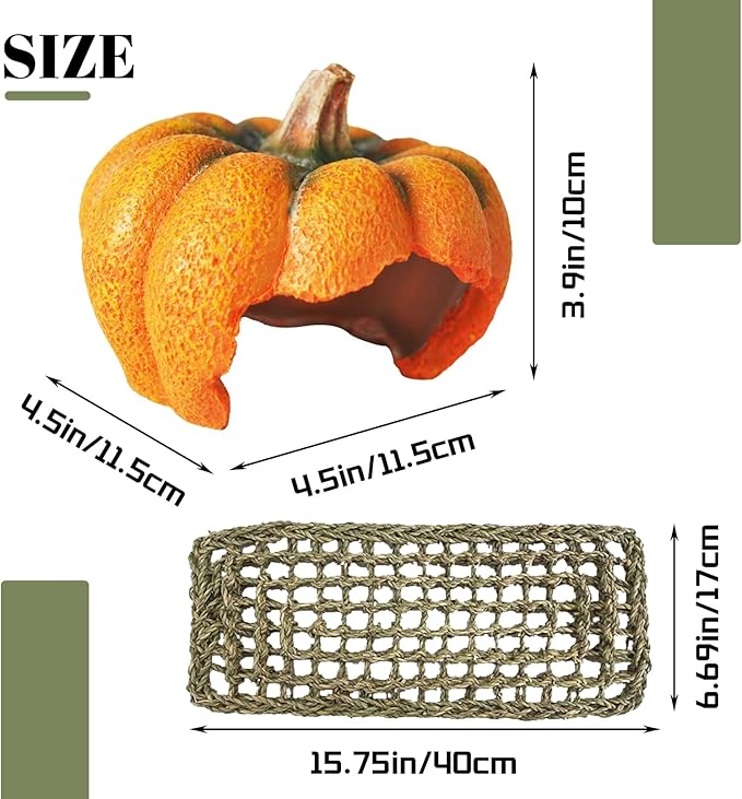 Reptile Resin Pumpkin Hut, Crested Gecko Habitat Hideout Cave Bearded Dragon Hammock Lizard Natural Seagrass Lounger Leopard Gecko Tank Accessories with Jungle Climber Vines for Chameleon(4PCS) MUYG