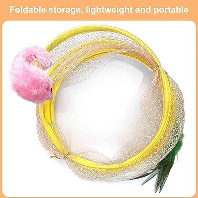 2Pcs Folded Cat Tunnel Toy for Indoor Cats,Collapsible Pet Spring Cat Toys with Feather Mouse Upgrade Interactive Toy Playing Tent for Puppy Kitten Accessories Home Self-Happy Cat Toys (Yellow) - PAWPICO
