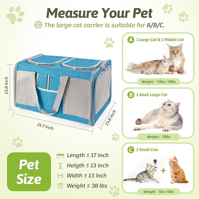 Sedioso Large Cat Carrier for 2 Cats, 21.7x 13.8x 13.8in Pet Carrier for Cat and Dog Up to 38lbs, All-Sided Mesh Cat Carrier with Great Ventilation, Portable Soft Sided Pet Carrier for Traveling(Blue) - PAWPICO