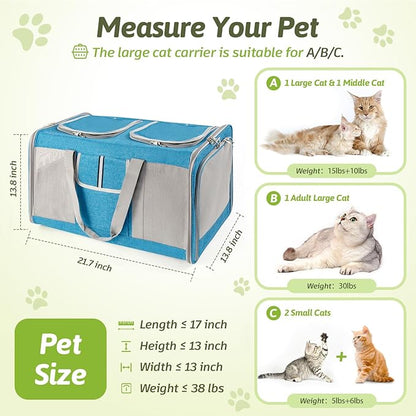 Sedioso Large Cat Carrier for 2 Cats, 21.7x 13.8x 13.8in Pet Carrier for Cat and Dog Up to 38lbs, All-Sided Mesh Cat Carrier with Great Ventilation, Portable Soft Sided Pet Carrier for Traveling(Blue) - PAWPICO