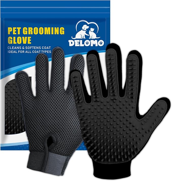 Upgrade Version Pet Grooming Glove - Gentle Deshedding Brush Glove for Dogs, Cats & Horses with Long and Short Fur - Efficient Pet Hair Remover Mitt - Enhanced Five Finger Design - 1 Pair (Black) - PAWPICO