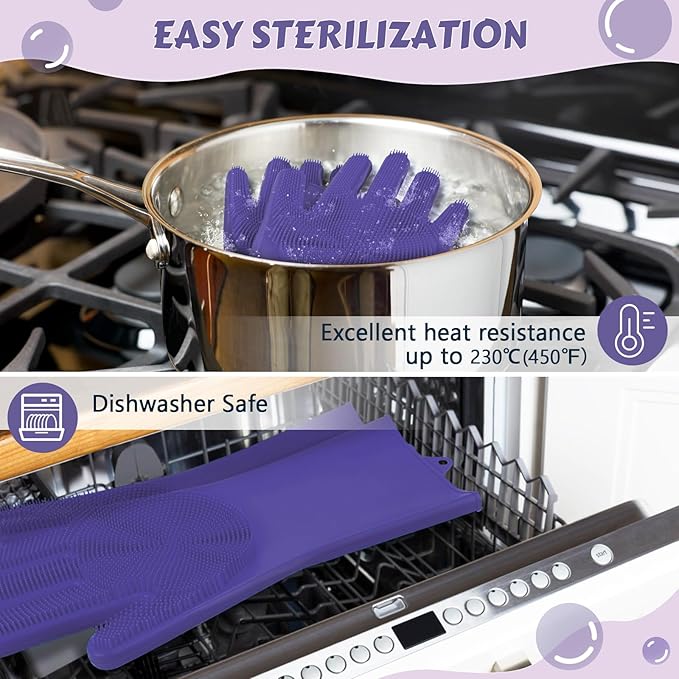 Pecute Pet Grooming Gloves, Large, Heat Resistant, Silicone Bathing and Massaging Gloves with High-Density Teeth and Enhanced Five Finger Design for Dogs and Cats, Purple - PAWPICO