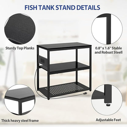 20-29 Gallon Fish Tank Stand with Power Outlets, 3-Tier Metal Aquarium Stand, Breeder Reptile Tank Stand with Shelf for Home Office, 660LBS Capacity, 29.5 x 15.8 x 30.1 inches, Black Livofloral