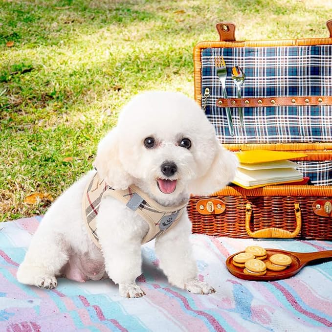 EXPAWLORER Classic Plaid Puppy Harness - Small Dog Collar and Leash with AirTag Holder Case - Soft Mesh Padded Adjustable Dog Vest Harness No Pull, Reflective Escape Proof for Outdoor, Khaki XS EXPAWLORER