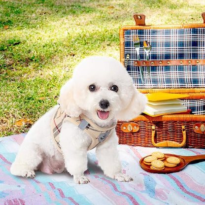 EXPAWLORER Classic Plaid Puppy Harness - Small Dog Collar and Leash with AirTag Holder Case - Soft Mesh Padded Adjustable Dog Vest Harness No Pull, Reflective Escape Proof for Outdoor, Khaki XS EXPAWLORER