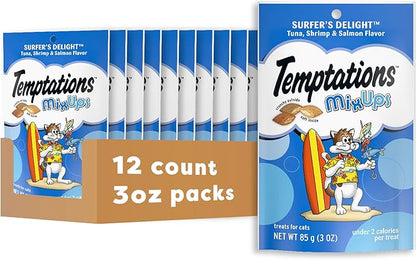 TEMPTATIONS MIXUPS Crunchy and Soft Cat Treats SURFERS' DELIGHT Flavor, (12) 3 oz. Pouches Temptations