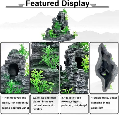 Aquarium Decorations Large and Tall Fish Tank Decor Aquarium Rock Mountain View Aquarium Ornament Tree House Cave Fish Tank Decorations for Large Fish Tank - 10.2 Inches High GOLOMOZ