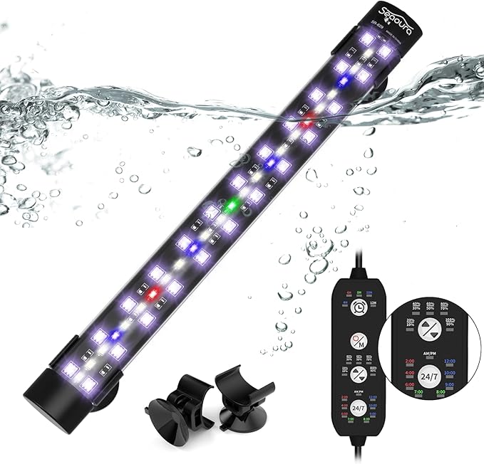 Submersible Aquarium Light for Fish Tank, 24/7 Cycle Fish Tank Light with Timer, Full Spectrum+7 Single Colors, Auto On/Off, Adjustable Brightness (11 Inch for 12-23inch Tank) SEAOURA