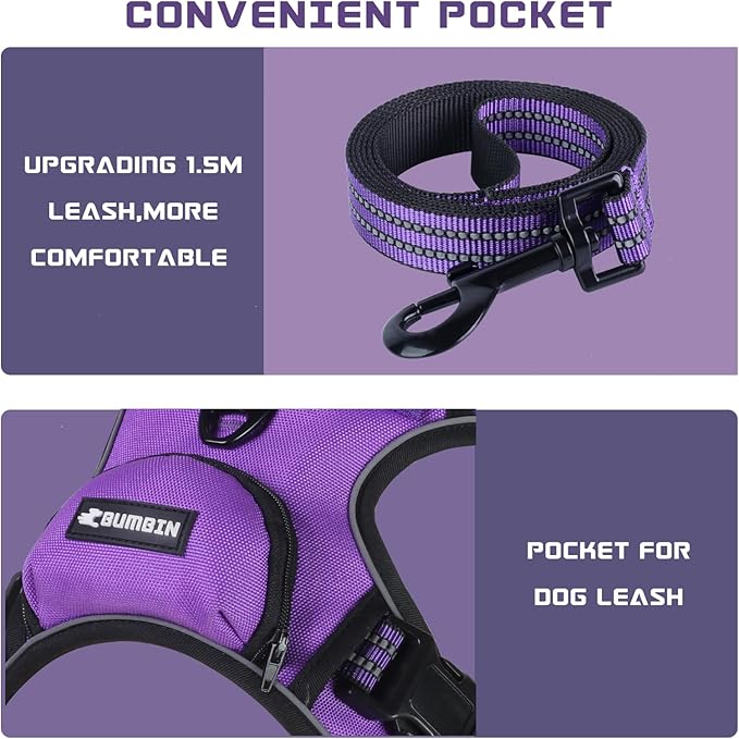 BUMBIN Dog Harness for Large Dogs, No Pull Adjustable No Choke Pet Vest with Dog Leash Fit Smart Reflective Pet Walking Harness for Training Easy Control Soft Handle Purple S BUMBIN