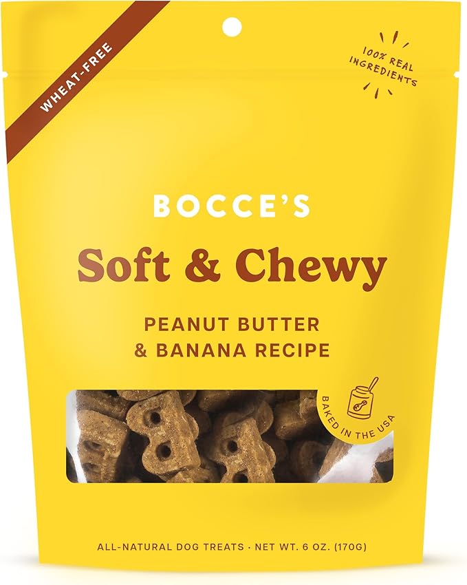 Bocce's Bakery Oven Baked PB & Banana Recipe Treats for Dogs, Wheat-Free Everyday Dog Treats, Real Ingredients, Baked in The USA, All-Natural Soft & Chewy Cookies, Peanut Butter & Banana, 6 oz - PAWPICO