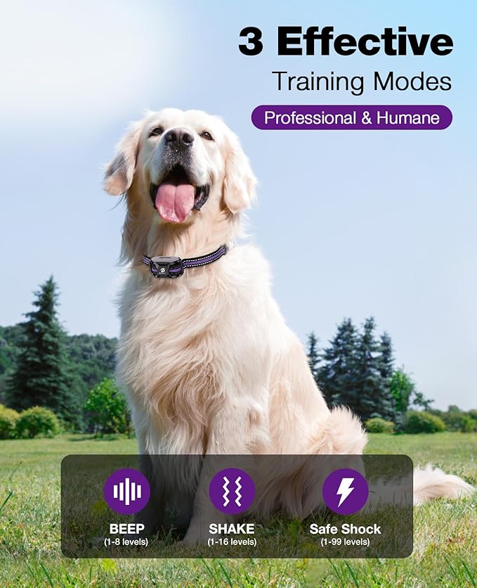 Bousnic Dog Shock Collar - 3300Ft Training Collar with Remote for 5-120lbs Small Medium Large Dogs Rechargeable Waterproof e Collar with Beep (1-8), Shake(1-16), Safe Shock(1-99) Modes (Lightpurple) BOUSNIC