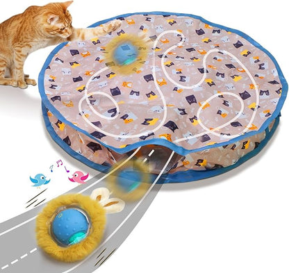 Interactive Cat Toys Ball Fast Rolling in Pouch, Motion Activate Chirping Cat Toy Hide and Seek Mouse Catching Game (Blue) - PAWPICO