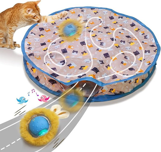 Interactive Cat Toys Ball Fast Rolling in Pouch, Motion Activate Chirping Cat Toy Hide and Seek Mouse Catching Game (Blue) - PAWPICO