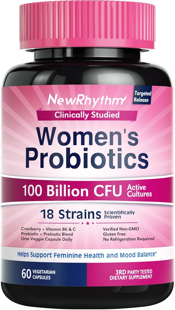 NewRhythm Probiotics for Women, P-5-P, Vitamin C & Organic Cranberry, 100 Billion CFU 18 Strains, Prebiotics & Probiotics, Vaginal Probiotics for Digestive Health & PH Balance, 60 Capsules, No Dairy NewRhythm