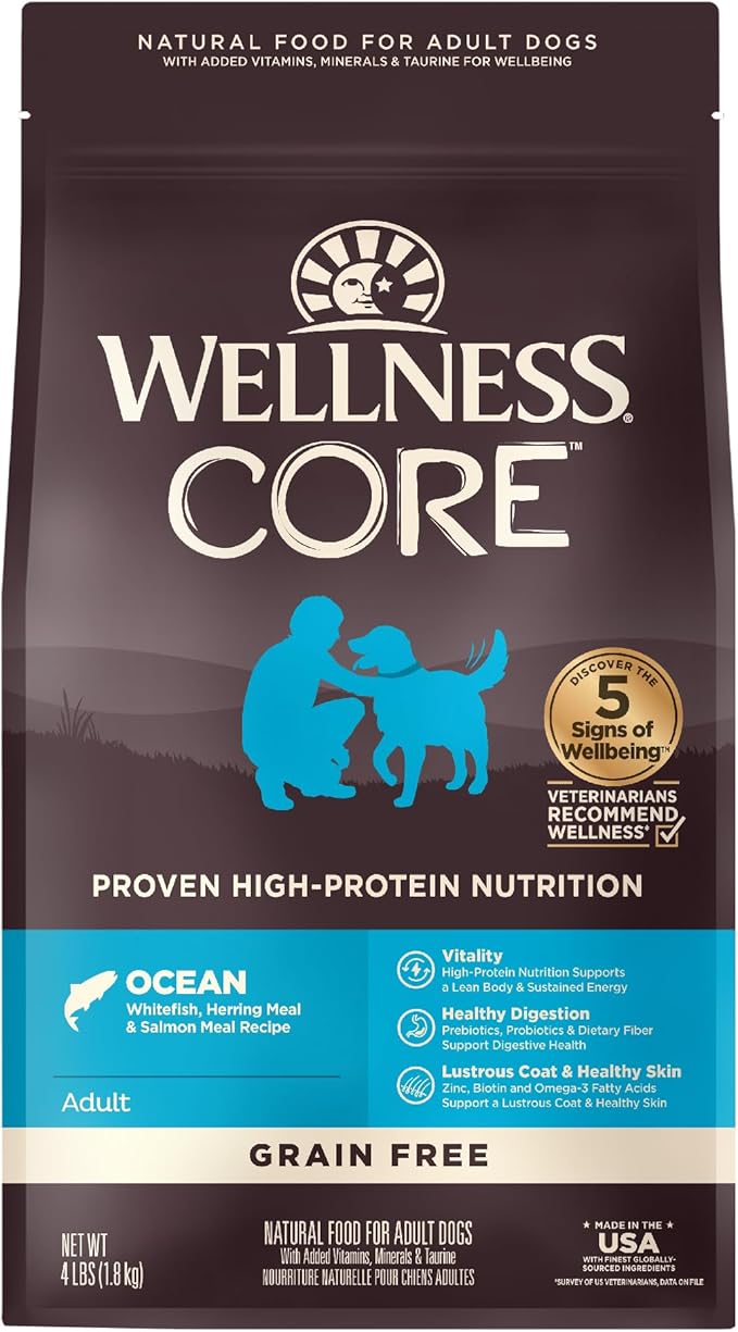 Wellness CORE Grain-Free High-Protein Dry Dog Food, Natural Ingredients, Made in USA with Real Meat, All Breeds, For Adult Dogs (Ocean Whitefish, Herring & Salmon, 4-Pound Bag) - PAWPICO