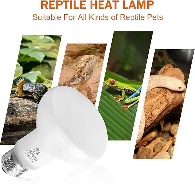 Reptile Heat Lamp Bulbs, Simulate Natural Sunlight Heat Light Bulb, 2 Pack 75W Amphibian Terrarium Basking Spot Lamp for Reptile, Bearded Dragon, Lizard, Turtle, Snake REPTIHOME