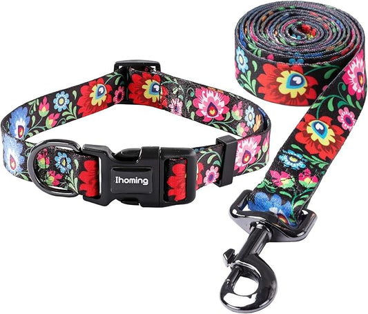 Ihoming Dog Collar and Leash Set for Daily Outdoor Walking Running Training, Black Colorful Flowers Design for Small Boys Girls Dogs Cats Pets, S-Up to 20LBS Ihoming