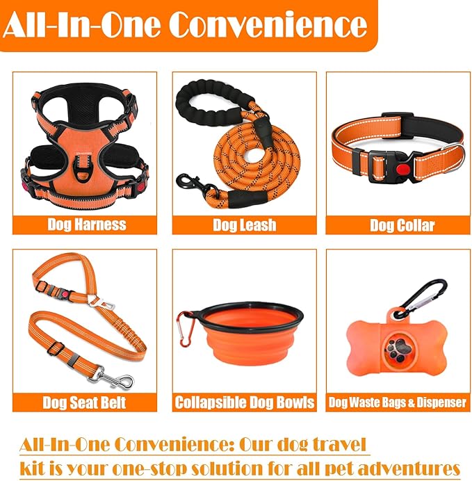 No Pull Dog Harness, Collar & Leash Set | Includes Dog Seat Belt, Collapsible Bowls & Poop Bag Dispenser. Ideal for Training, Walking, Hiking. Fits Small to Large Dogs(Orange-M) Lovebegetslove