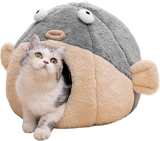 Cat Beds for Indoor Cats - Cat Bed Cave with Removable Washable Cushioned Pillow, Soft Plush Premium Cotton No Deformation Pet Bed, Lively Pufferfish Cat House Design, Grey, Multiple Sizes(S) - PAWPICO