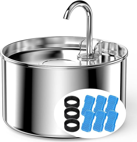 Cat Water Fountain Stainless Steel + 6 Filters + 3 Sponges - Pet Water Fountain 24/7 Keep The Water Fresh 74oz Capacity Ultra-Quiet No Sputter Compact Easy to Clean - PAWPICO