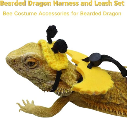 Bearded Dragon Harness and Leash Set - Adjustable Lizard Traction Rope with Wings Knitted Bee Hat Outdoor Walking Leash Escape Proof Reptile Bee Costume Accessories for Lizard Small Pets (Yellow) SEZDEKI