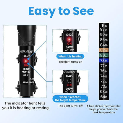 AQUANEAT Aquarium Heater, 200W Fish Tank Heater, Adjustable Submersible Water Thermostat with Thermometer Aquaneat