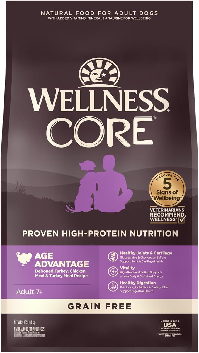Wellness CORE Grain-Free Senior Dry Dog Food, Made in USA with Real Turkey and Natural Ingredients, With Nutrients for Immune, Joint, Skin & Coat Support, 24-Pound Bag - PAWPICO