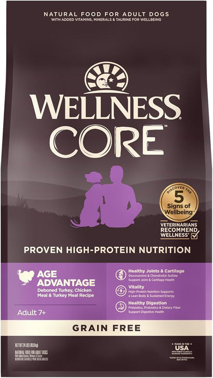 Wellness CORE Grain-Free Senior Dry Dog Food, Made in USA with Real Turkey and Natural Ingredients, With Nutrients for Immune, Joint, Skin & Coat Support, 24-Pound Bag - PAWPICO